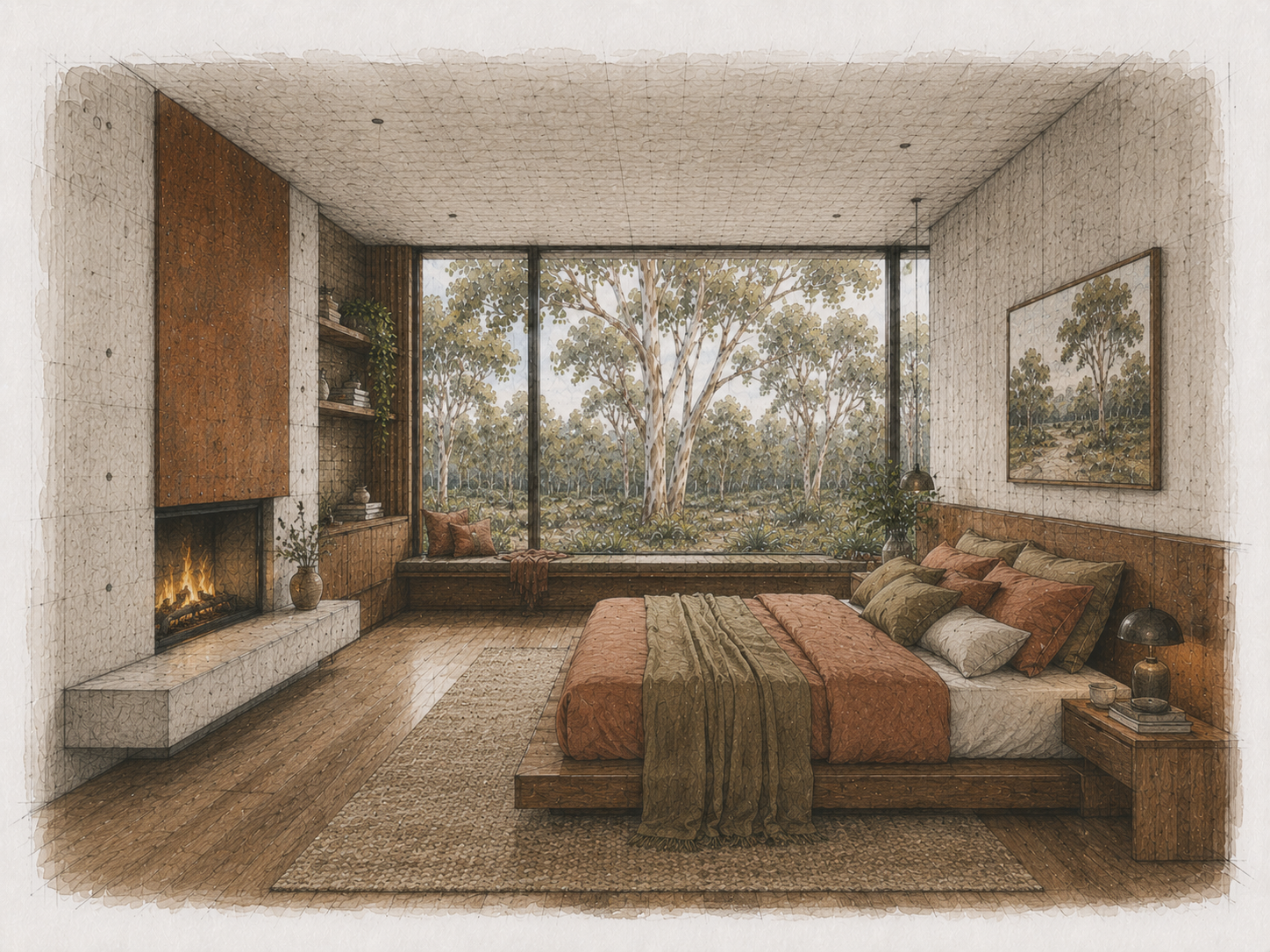 Architectural bedroom interior study with timber and concrete details