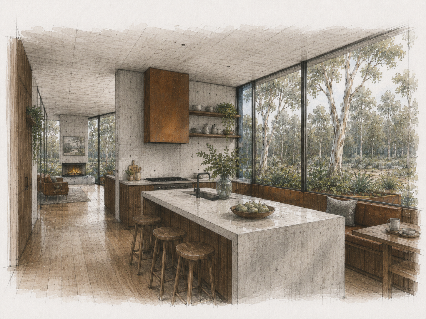 Architectural kitchen and living interior study with large landscape glazing